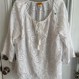 Ruby Rd. White Eyelet Blouse with Tassel Tie